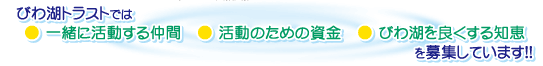 びわ湖トラストでは、一緒に活動する仲間、活動のための資金、びわ湖を良くする知恵を募集しています。